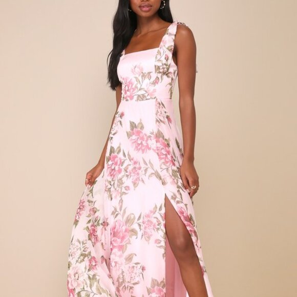 Lulus Love Me Forever Pink Floral Tie-strap Square Neck Maxi Dress - Size 2X - Picture 1 of 2